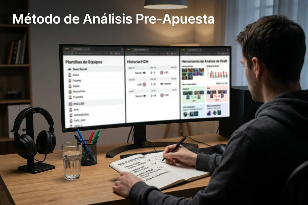 Investigador de esports analizando datos de partidas de Dota 2 con múltiples fuentes abiertas