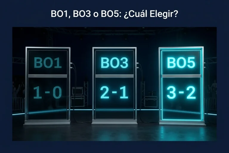 Tres formatos de serie de Dota 2 representados visualmente: BO1, BO3 y BO5 con marcadores