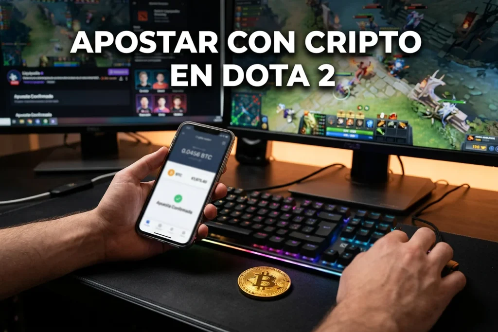 Símbolo de Bitcoin dorado junto a un teclado gaming con temática de Dota 2 y apuestas esports