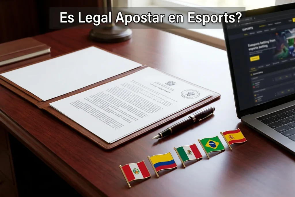 Documento legal oficial con banderas de países latinoamericanos sobre un escritorio profesional