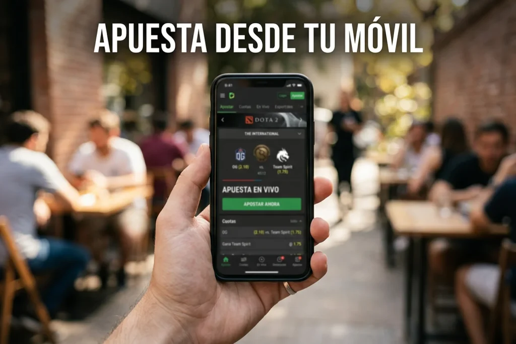 Persona apostando en Dota 2 desde un smartphone con una aplicación de apuestas esports abierta