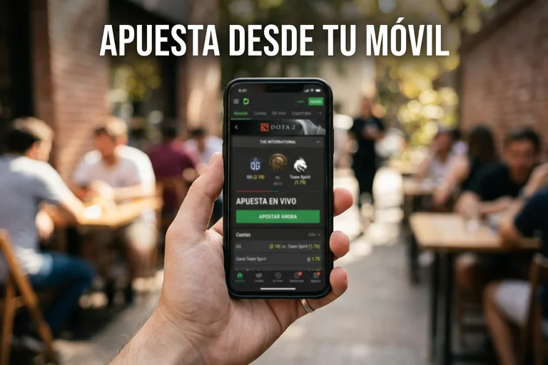 Persona apostando en Dota 2 desde un smartphone con una aplicación de apuestas esports abierta
