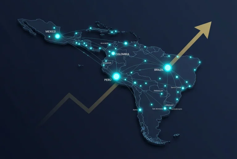 Mapa de América Latina iluminado con puntos de actividad de apuestas esports y símbolos de crecimiento