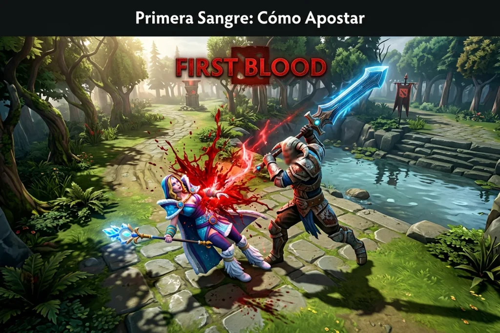 Momento de la primera sangre en una partida de Dota 2 con un héroe agresivo en el carril