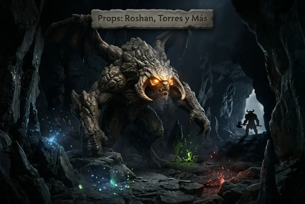 Roshan el boss de Dota 2 en su cueva con efectos dramáticos representando las apuestas prop