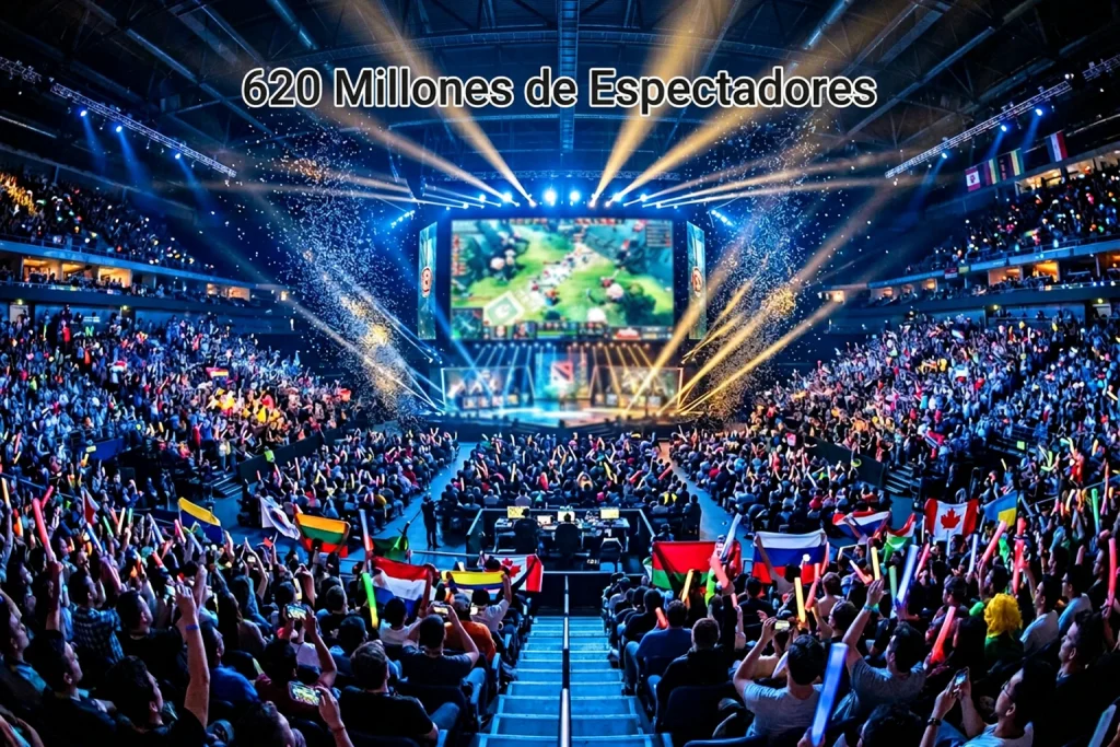 Arena de esports llena de espectadores representando la audiencia global de 620 millones del esports en 2026
