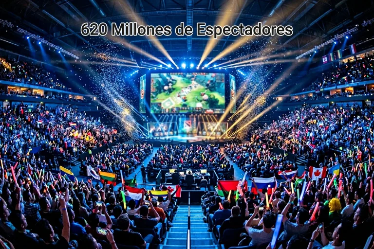 Arena de esports llena de espectadores representando la audiencia global de 620 millones del esports en 2026