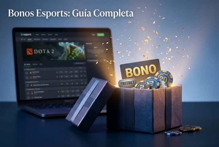Paquete de bienvenida de bonos de apuestas esports con un regalo abierto y fichas de promoción