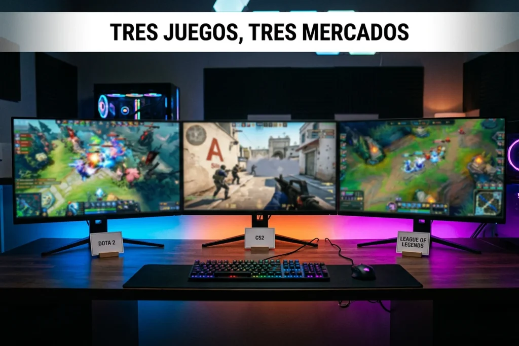 Tres monitores mostrando Dota 2, CS2 y League of Legends lado a lado para comparación de apuestas