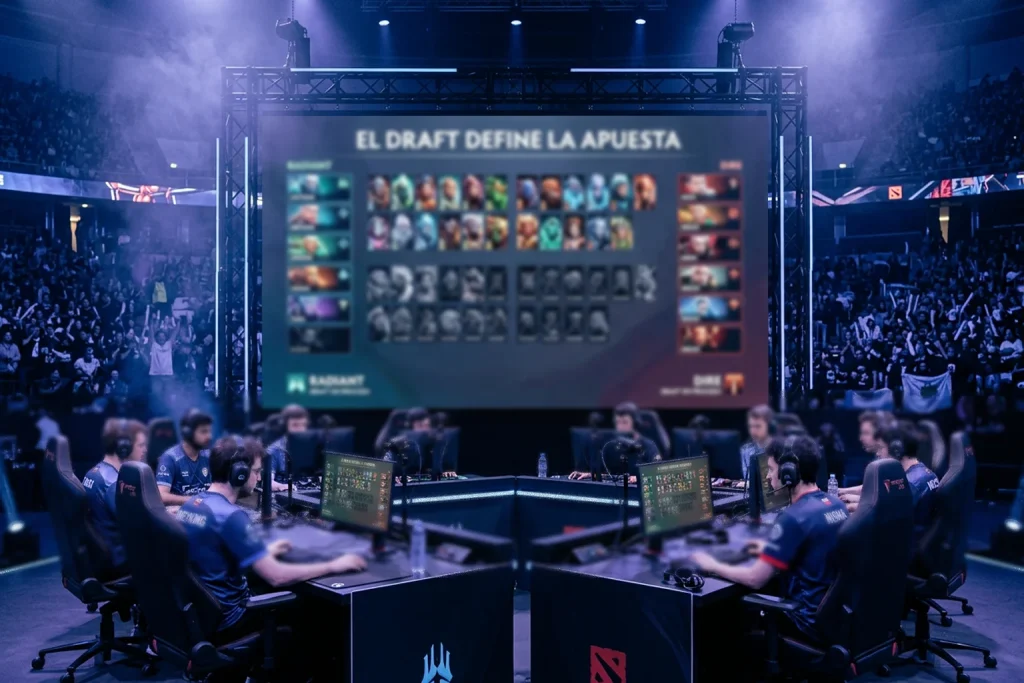Pantalla de selección de héroes en la fase de draft de Dota 2 durante un torneo profesional