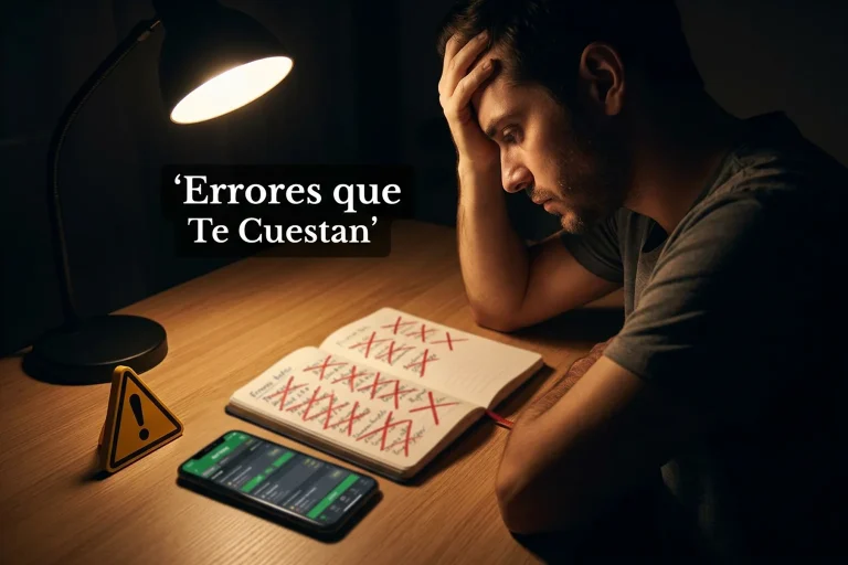 Persona pensativa reconociendo errores de apuestas con una señal de advertencia en su escritorio