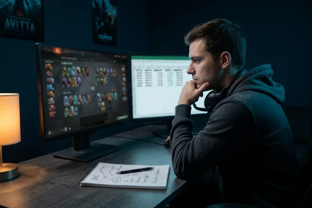 Estrategias de apuestas en Dota 2: jugador analizando estadísticas de draft y bankroll