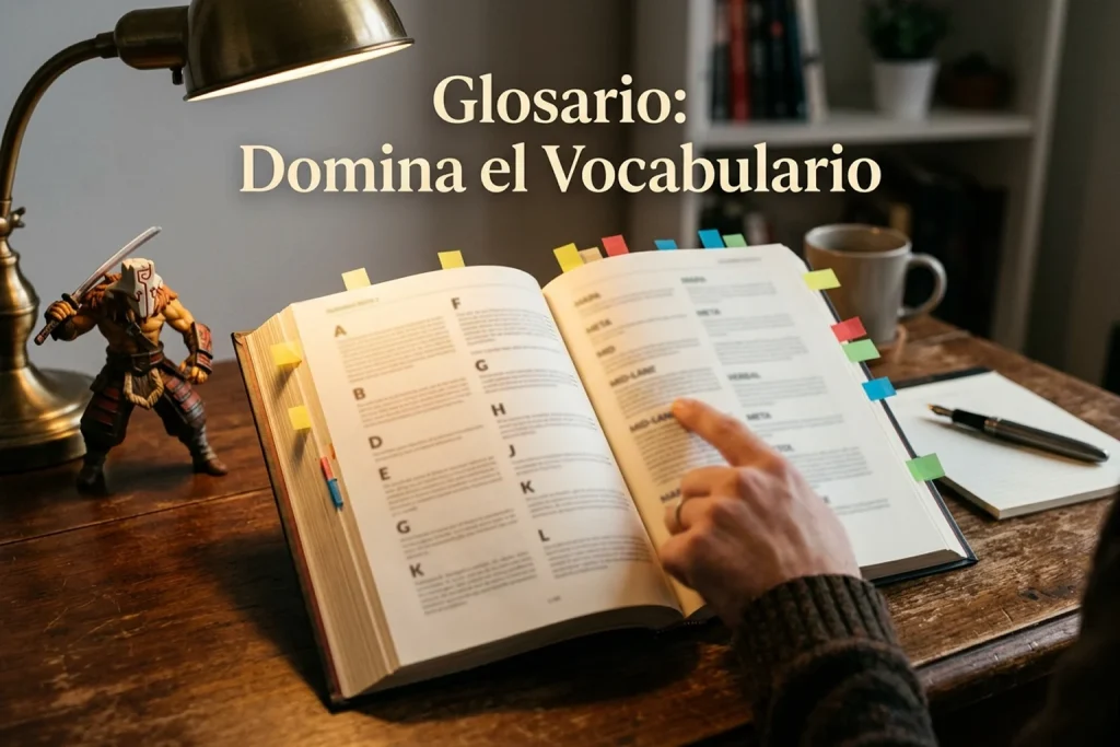 Libro abierto de glosario con términos de apuestas y Dota 2 destacados en la página