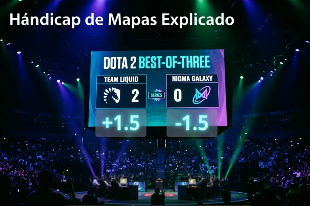 Marcador de serie de Dota 2 mostrando un resultado desigual con concepto de hándicap de mapas