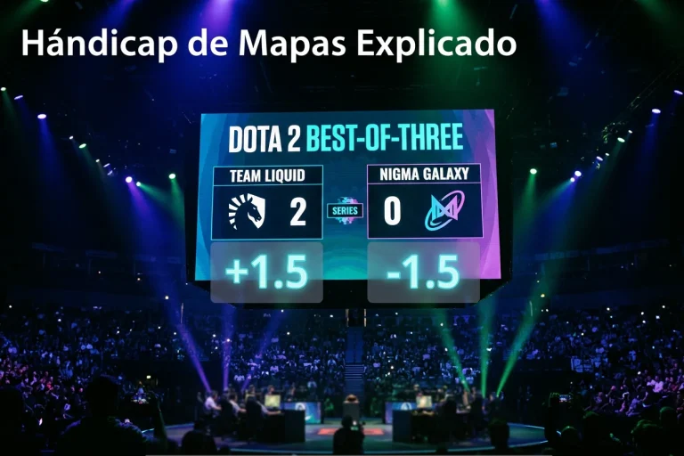 Marcador de serie de Dota 2 mostrando un resultado desigual con concepto de hándicap de mapas