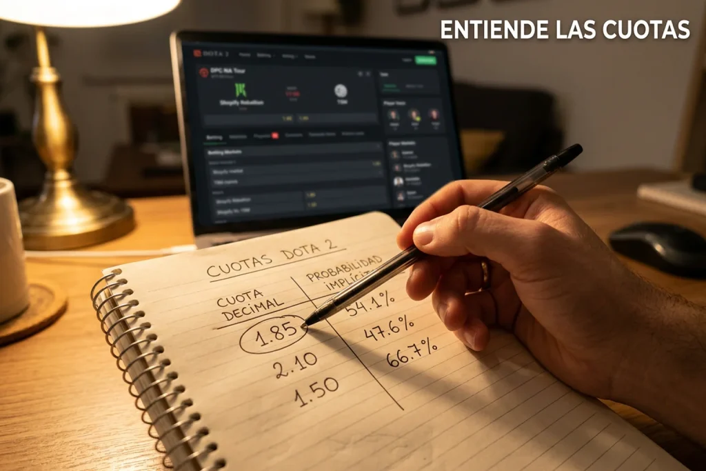 Persona analizando cuotas decimales y americanas de apuestas de Dota 2 en un cuaderno
