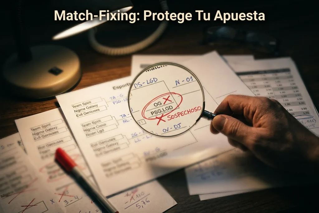 Escena de investigación de integridad en esports con una lupa sobre un partido sospechoso de Dota 2
