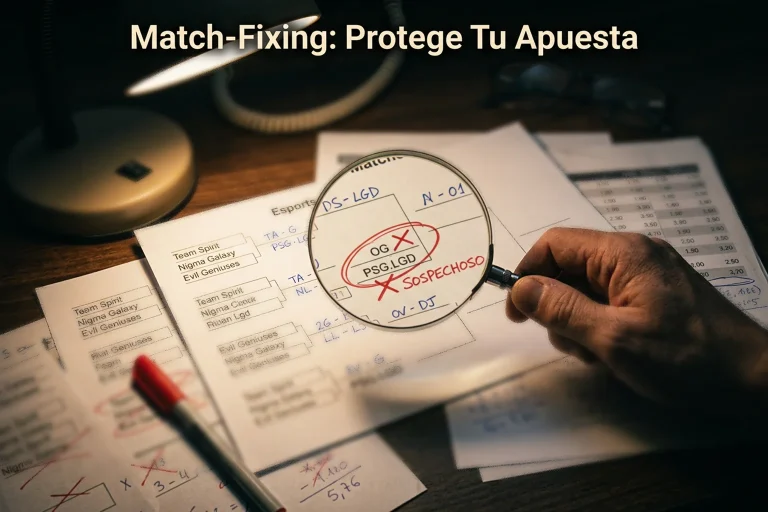 Escena de investigación de integridad en esports con una lupa sobre un partido sospechoso de Dota 2