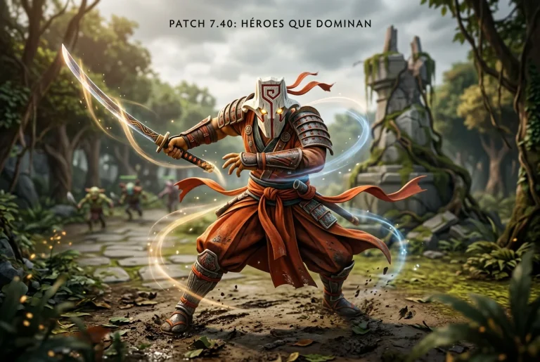 Héroe dominante de Dota 2 en el Patch 7.40 con efectos de habilidades brillantes en el campo de batalla