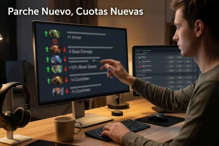 Pantalla de notas de parche de Dota 2 con flechas indicando cambios en las cuotas de apuestas