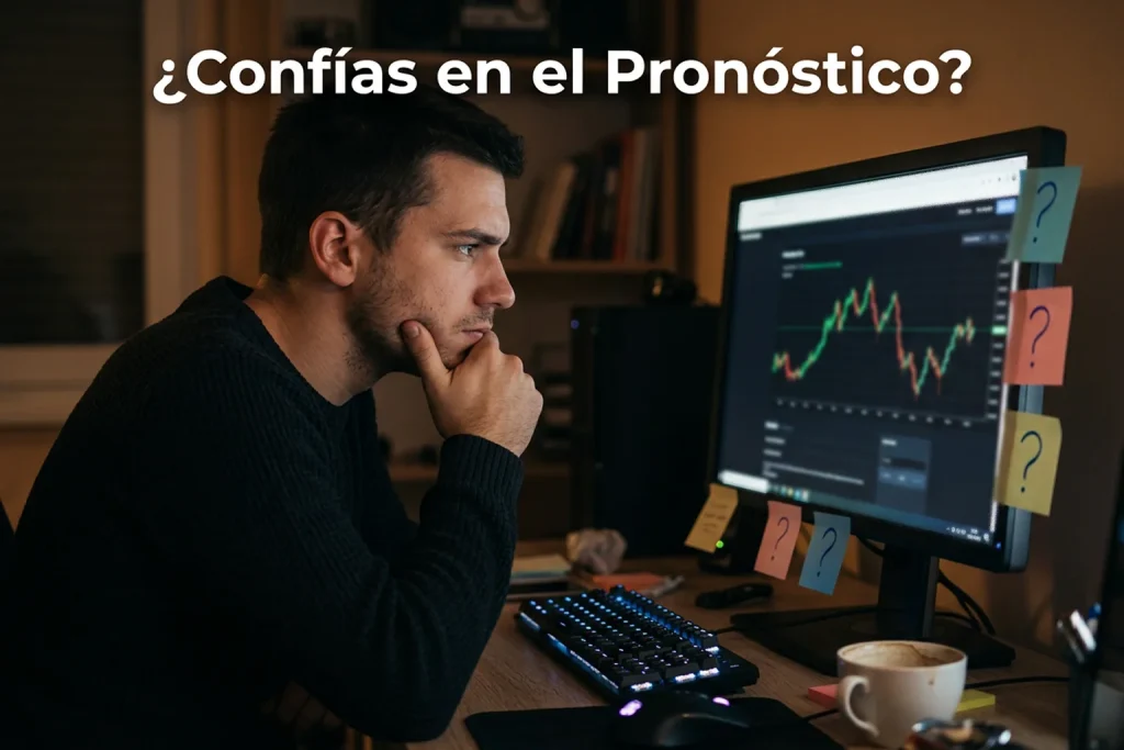 Persona evaluando pronósticos de Dota 2 en una pantalla con gráficos de rendimiento de tipsters