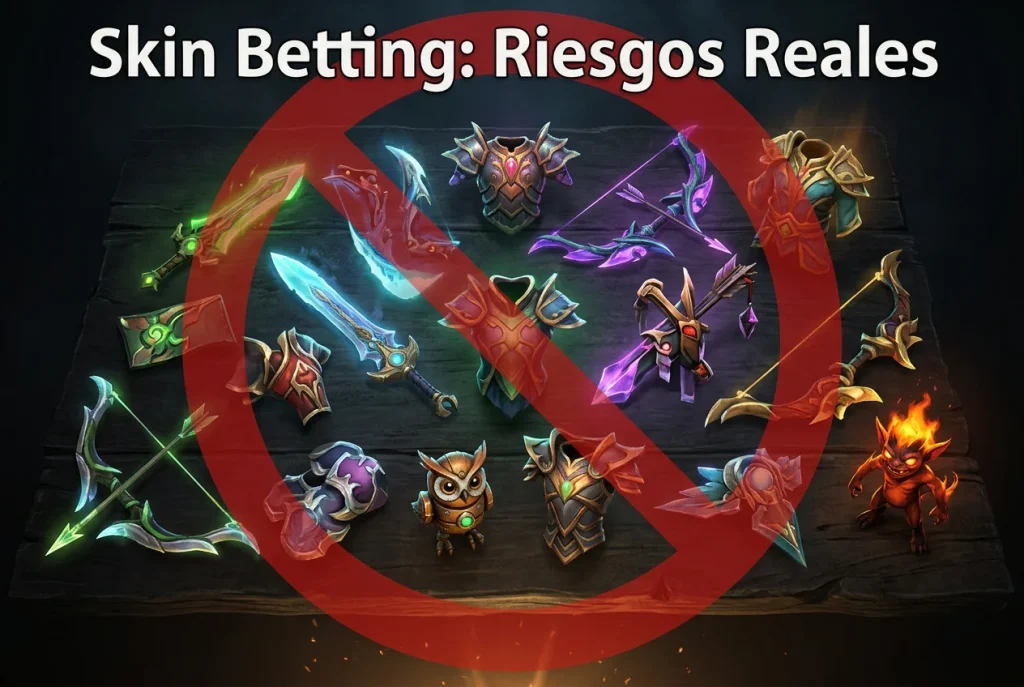 Artículos cosméticos de Dota 2 con una señal de prohibición superpuesta representando los riesgos del skin betting