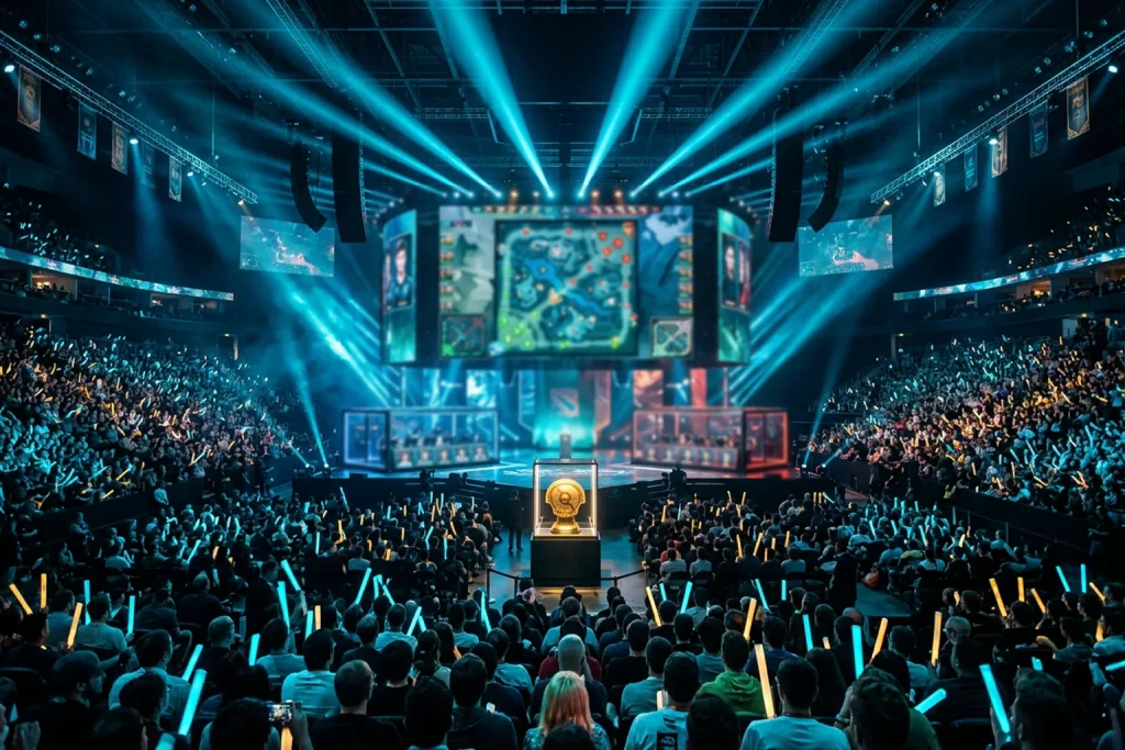 Torneos de Dota 2 para apostar: escenario de The International con público y pantallas